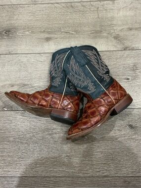 Horse Power Kids Blue/Cognac Brown Leather Western Cowboy Boots